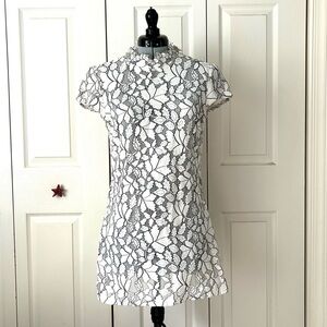 H&M white and grey leaf patterned short lace dress with open back detail